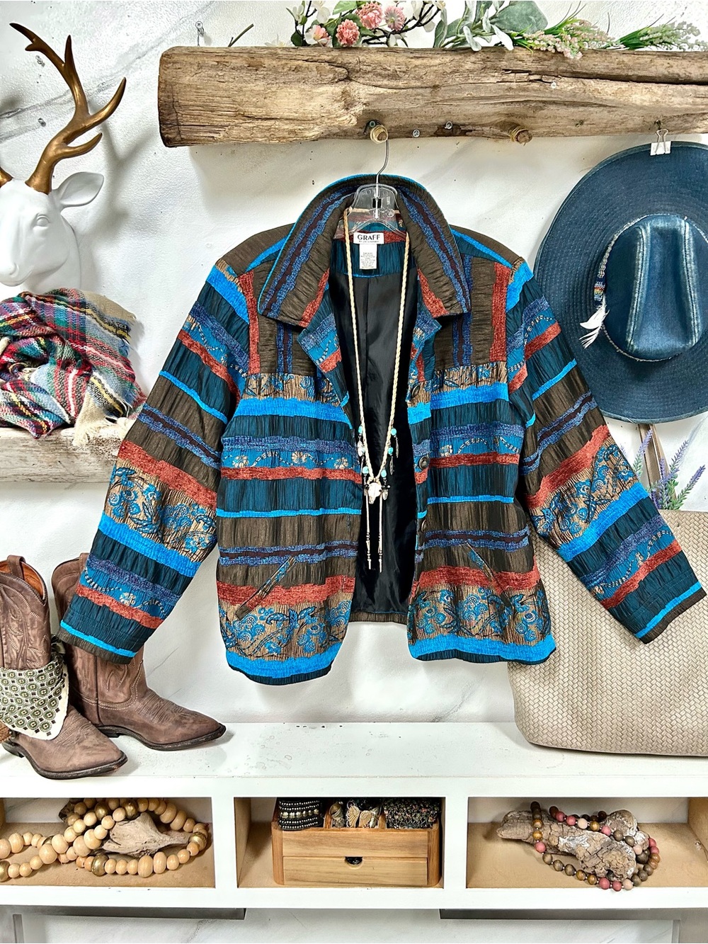 Patchwork fall Jacket Vintage-Inspired w retro midcentury YTK 80s 90s vibe